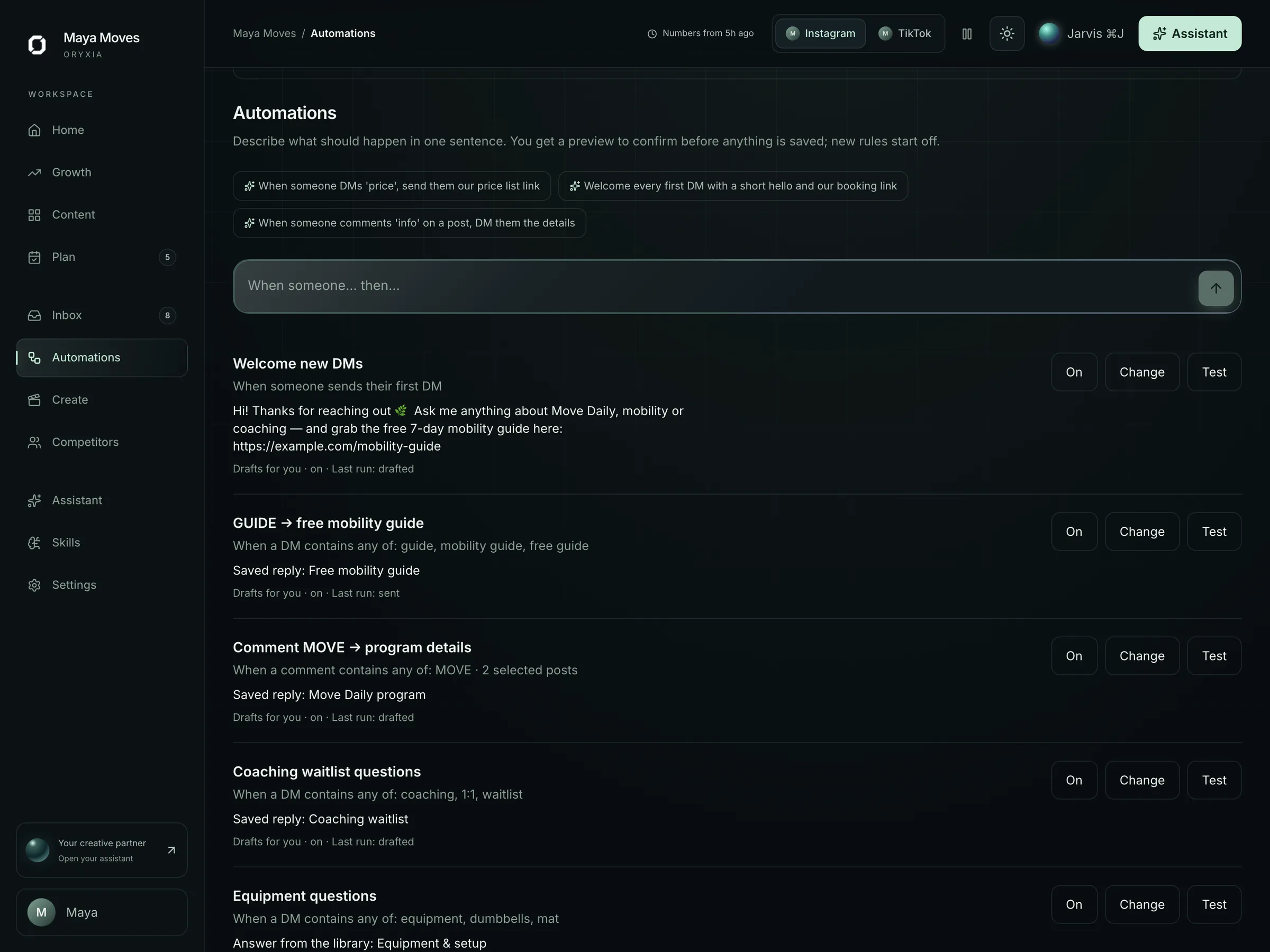 Oryxia automations screen: explicit reply rules with visible permissions