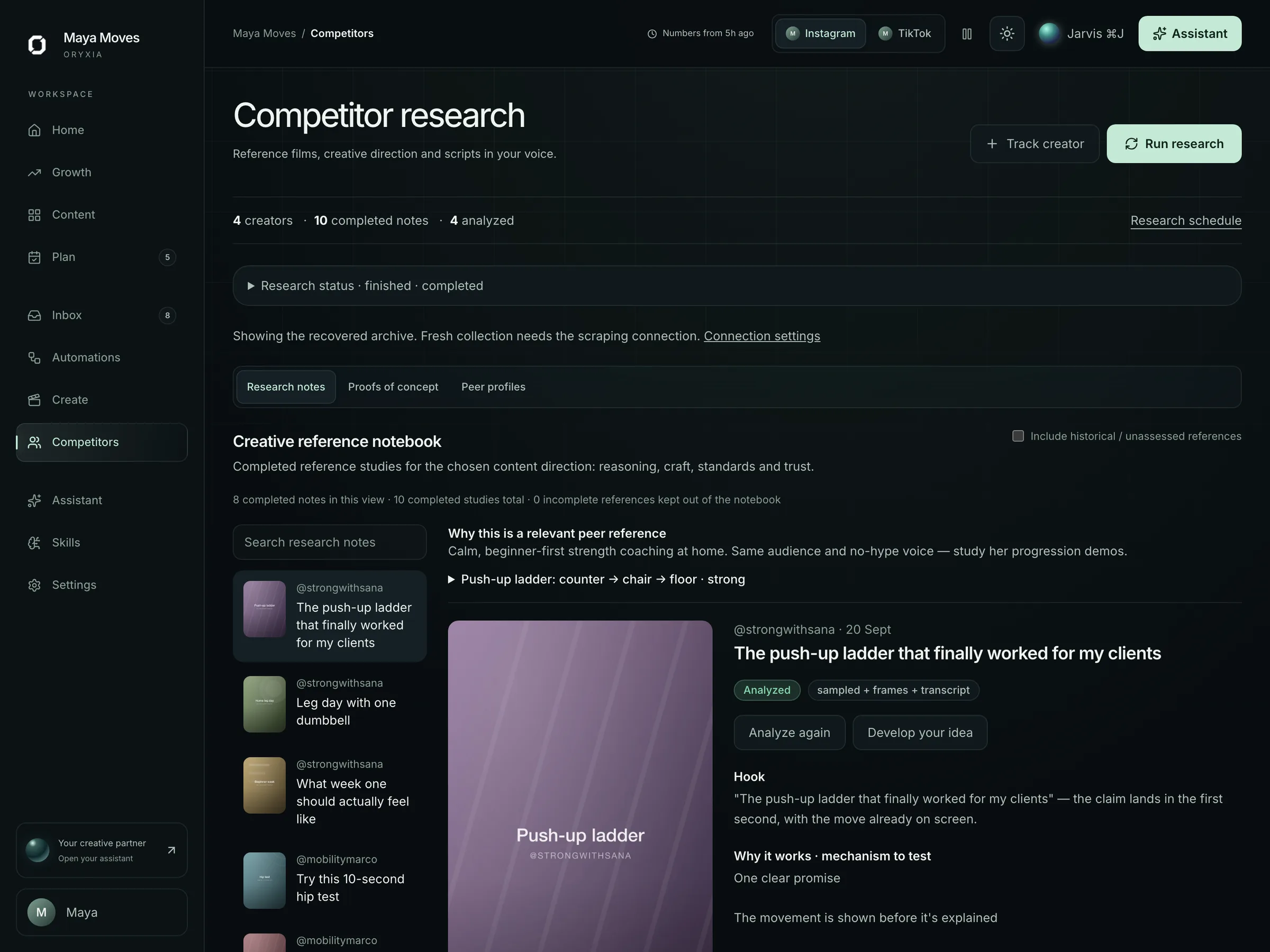 Oryxia competitor research: notes on a tracked creator with hook analysis