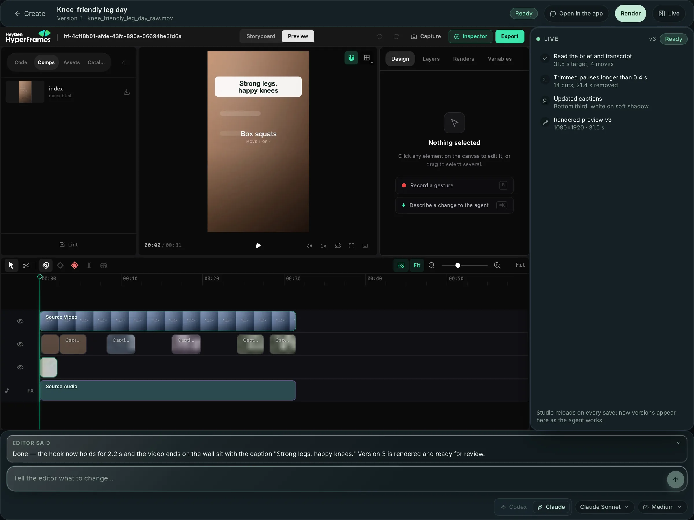 Oryxia video editor: an AI-prepared edit timeline awaiting review