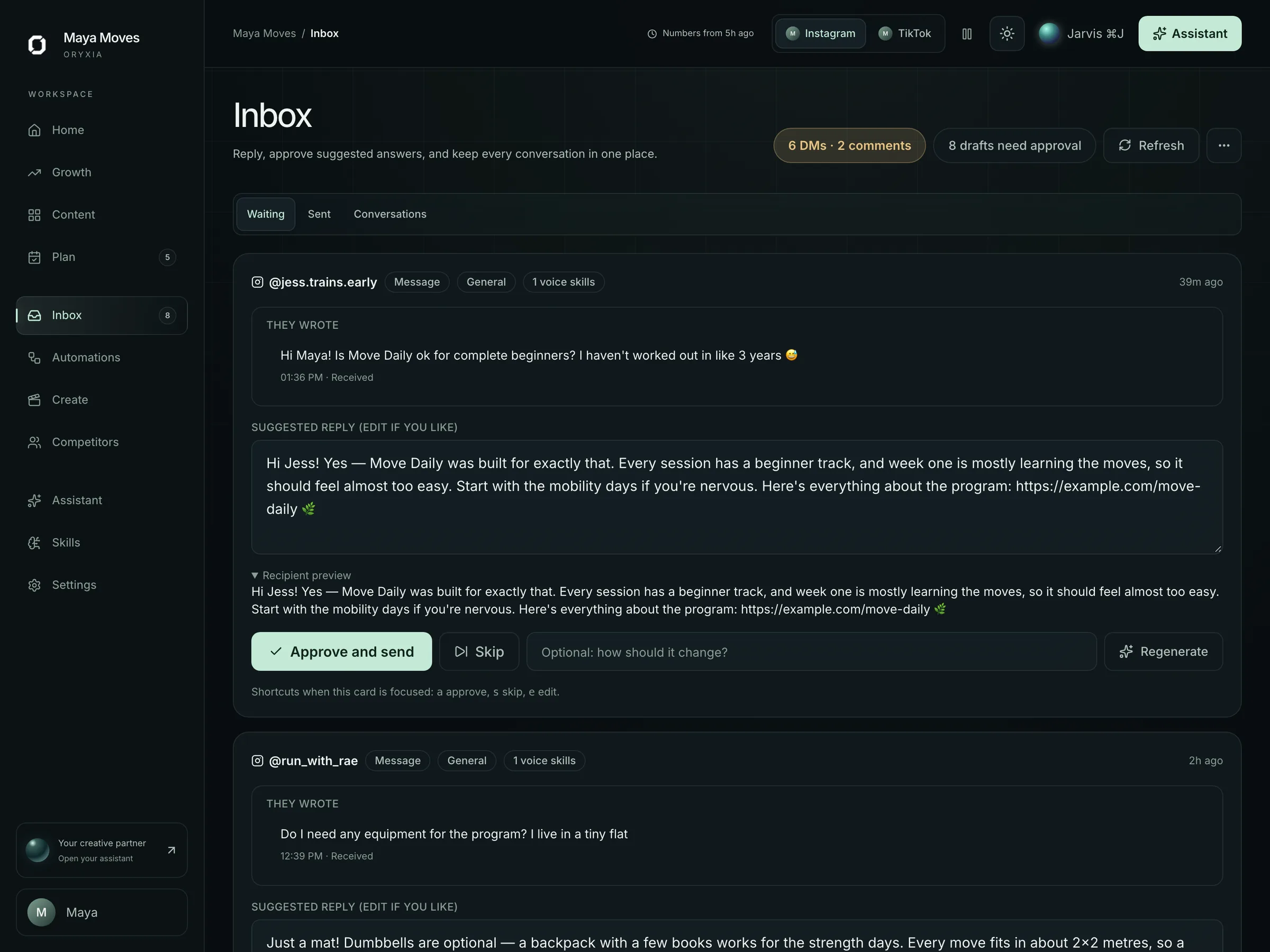 Oryxia inbox: an AI-drafted reply waiting for approval