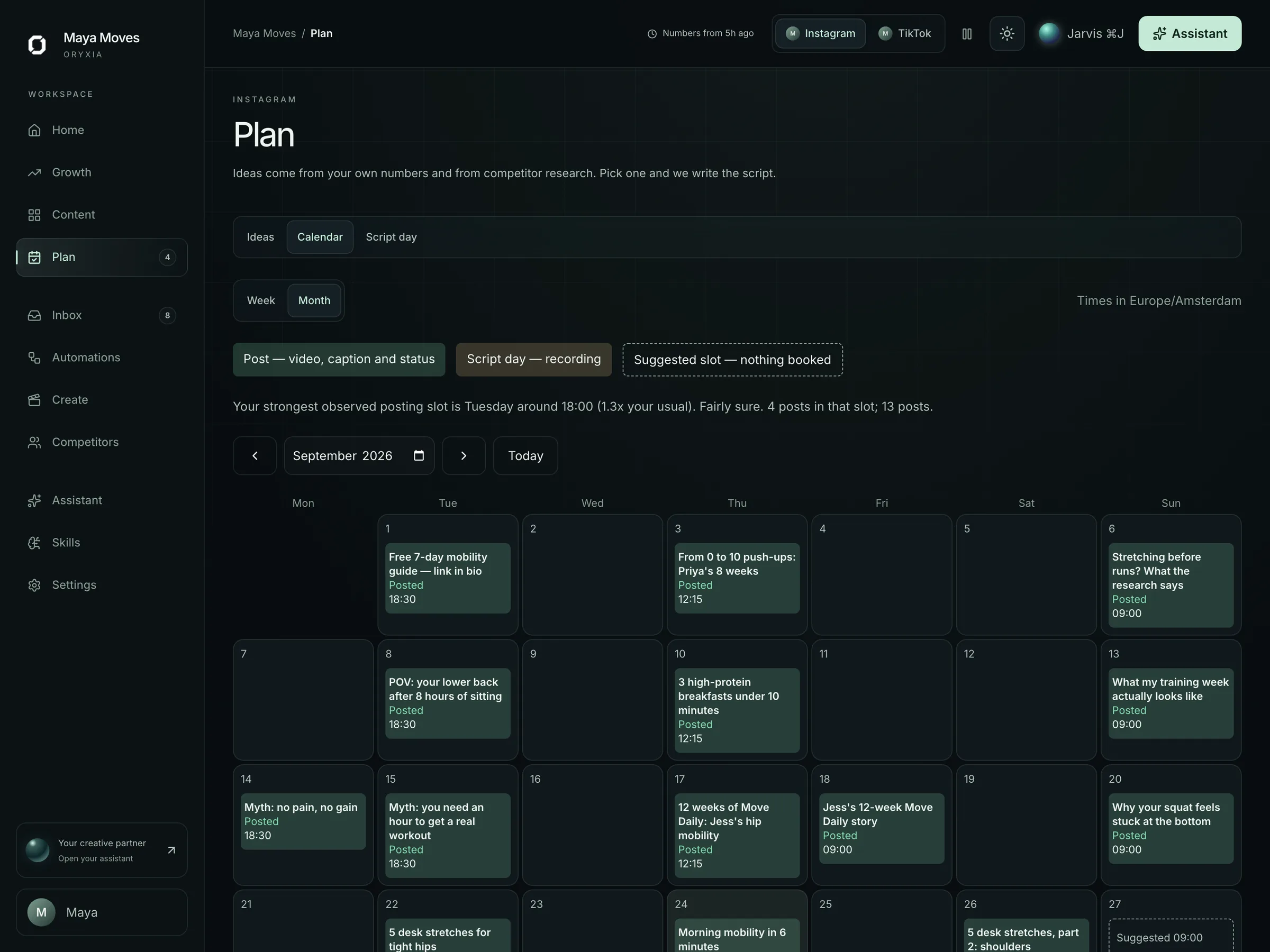 Oryxia plan screen: a monthly content calendar of posted and scheduled posts