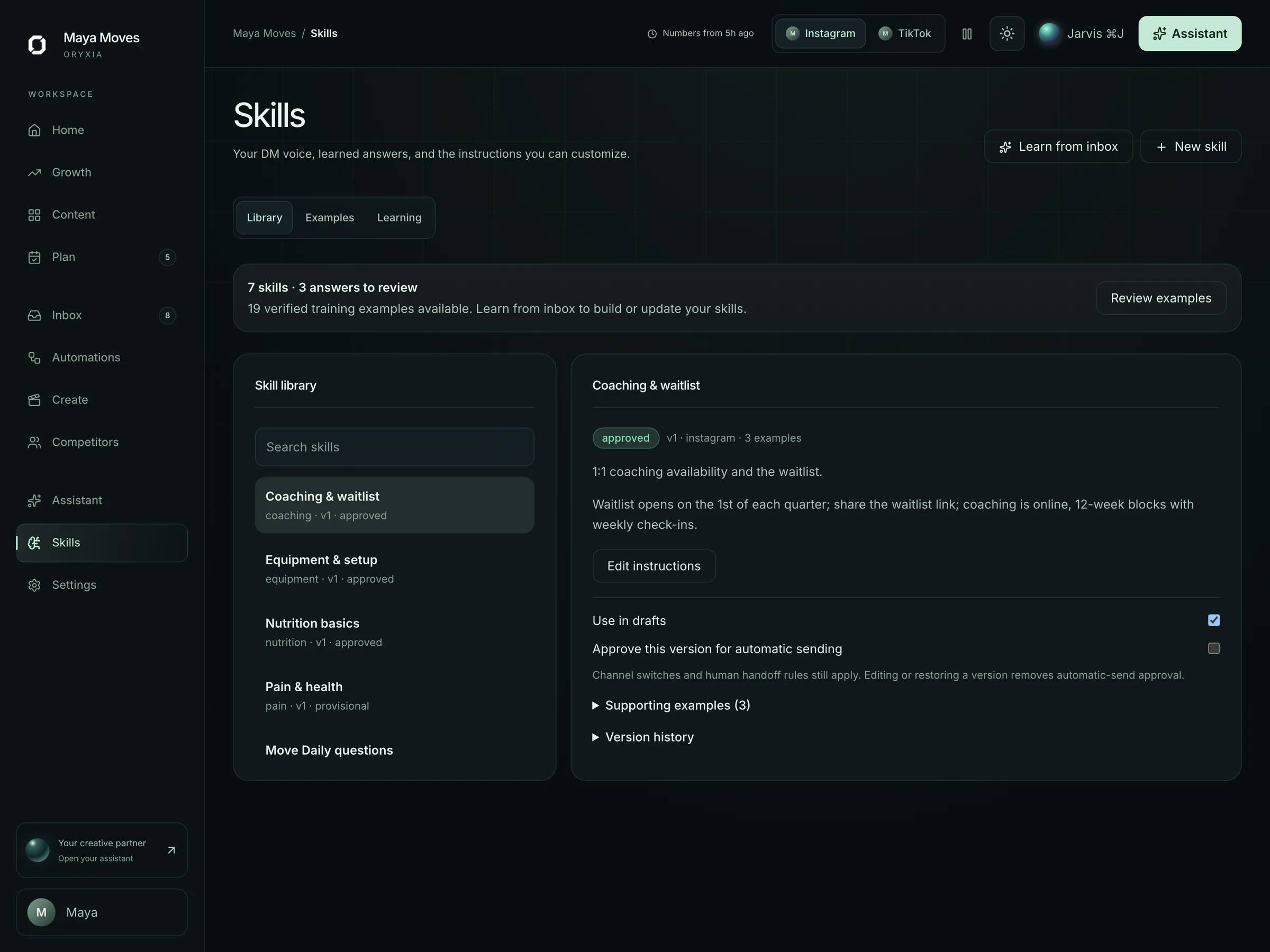 Oryxia reply skills library learned from approved replies