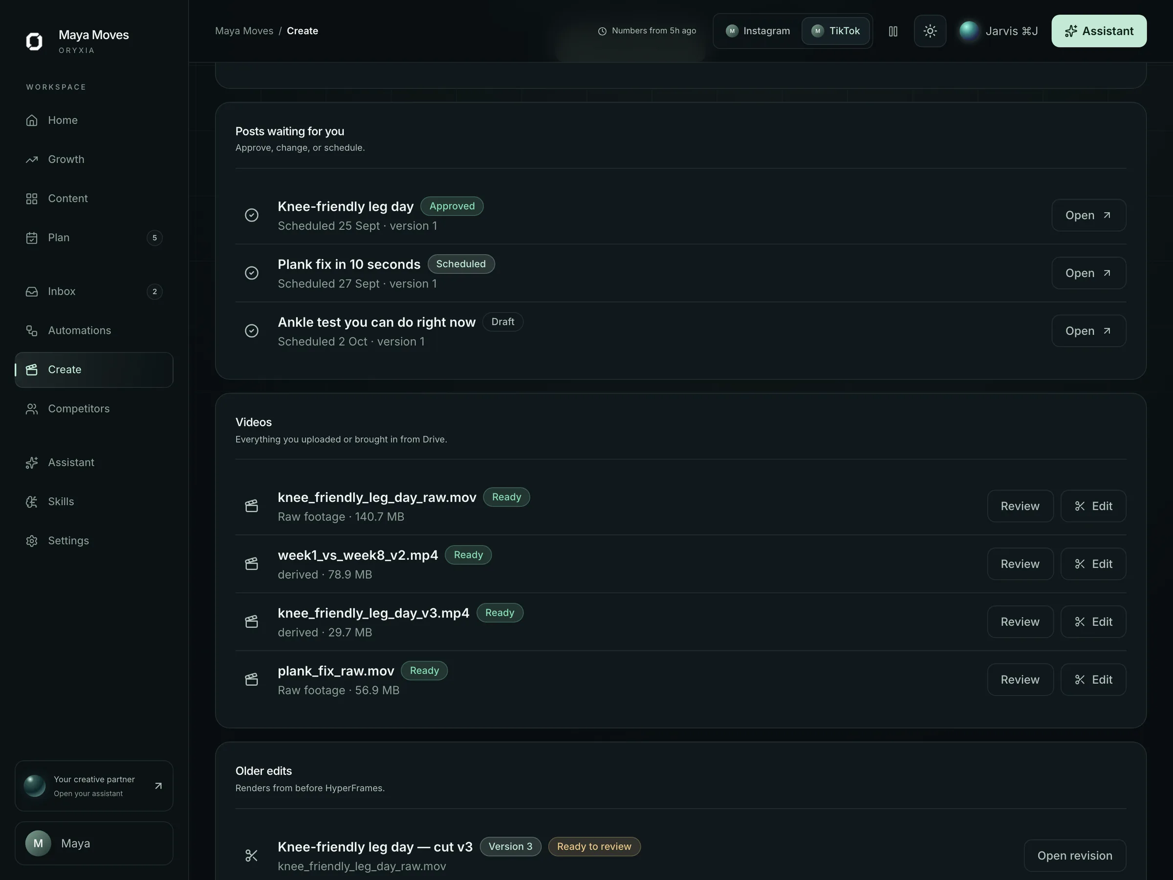 Oryxia videos tab: posts waiting for edits, video files and older edits