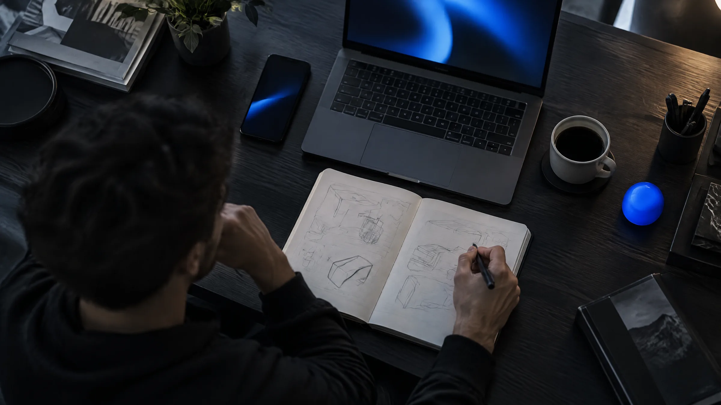A tidy desk with notebooks and a laptop