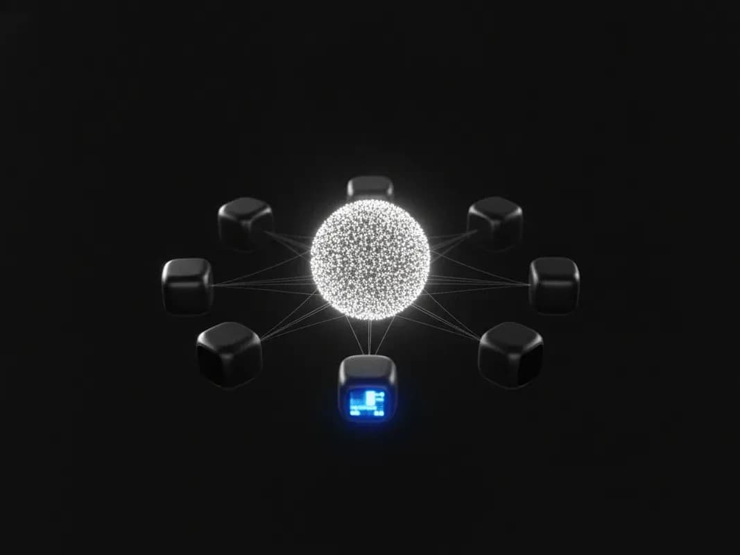 Small dark modules connected to a central dotted sphere, one of them lit blue