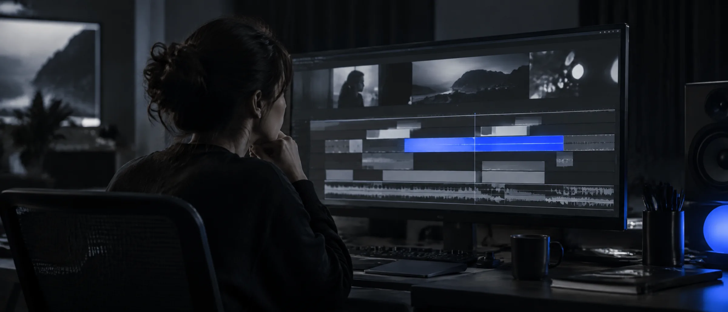 A video editing timeline on a monitor