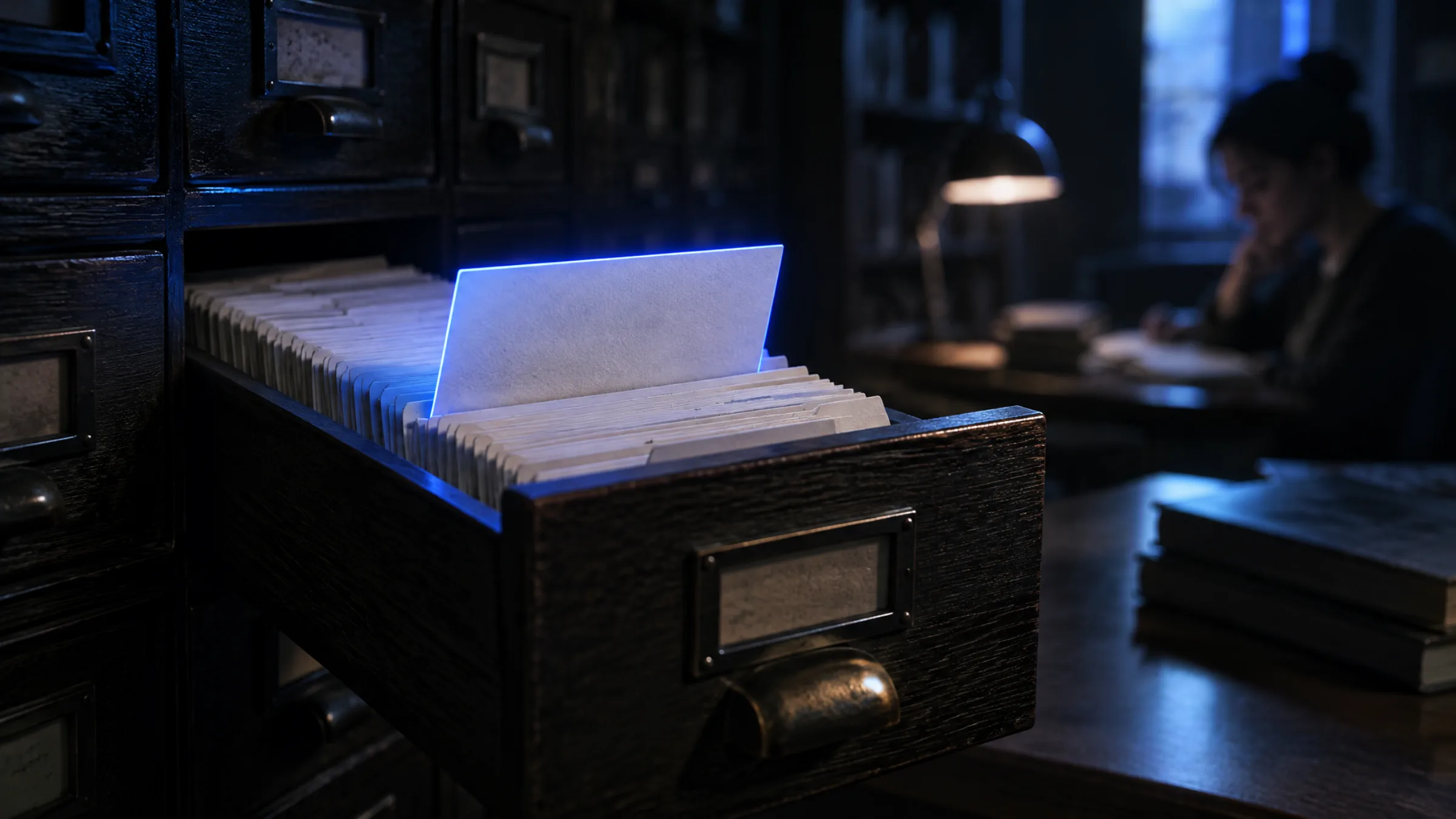 Index cards in a library drawer