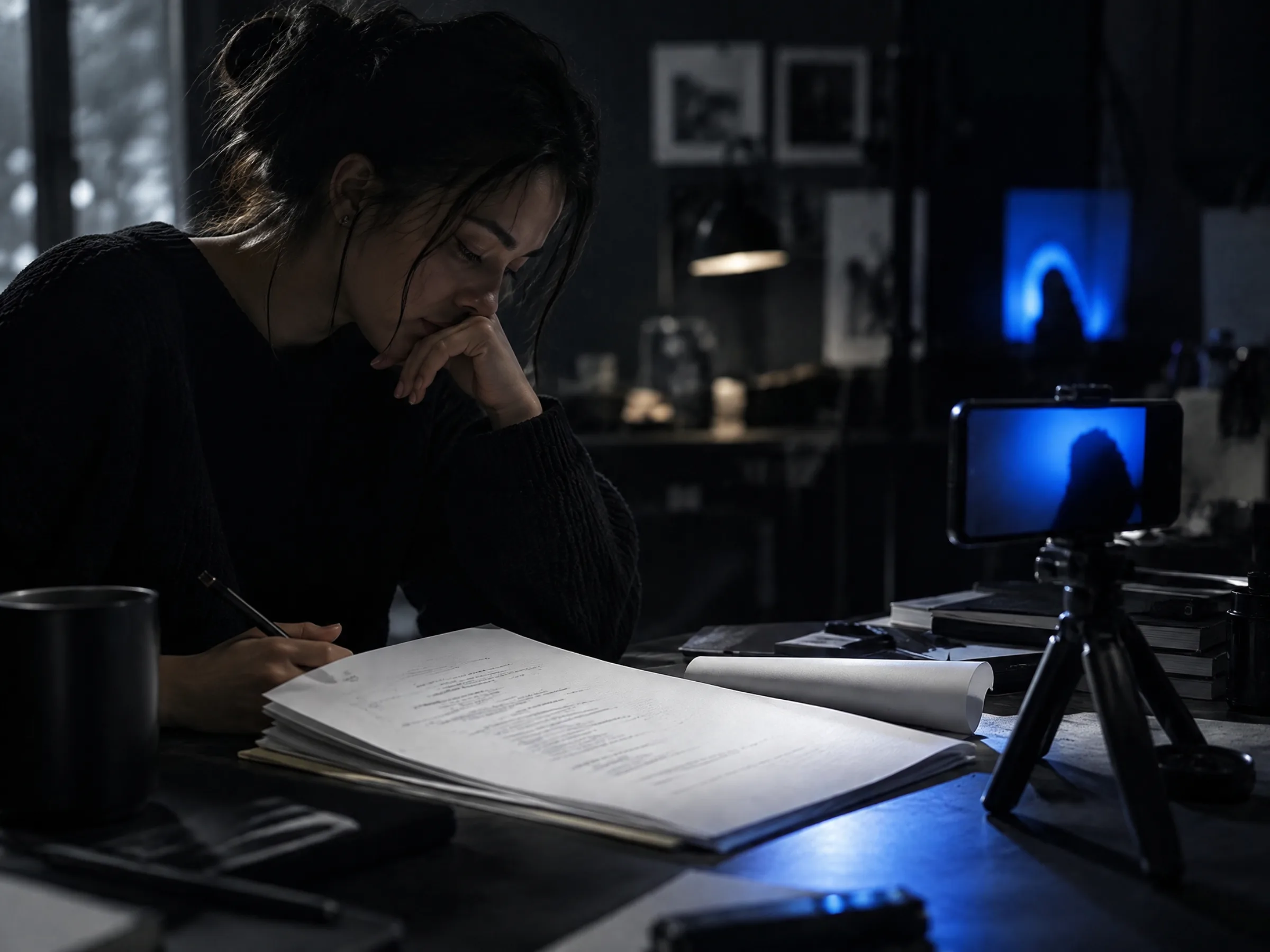 A script on paper next to a phone camera