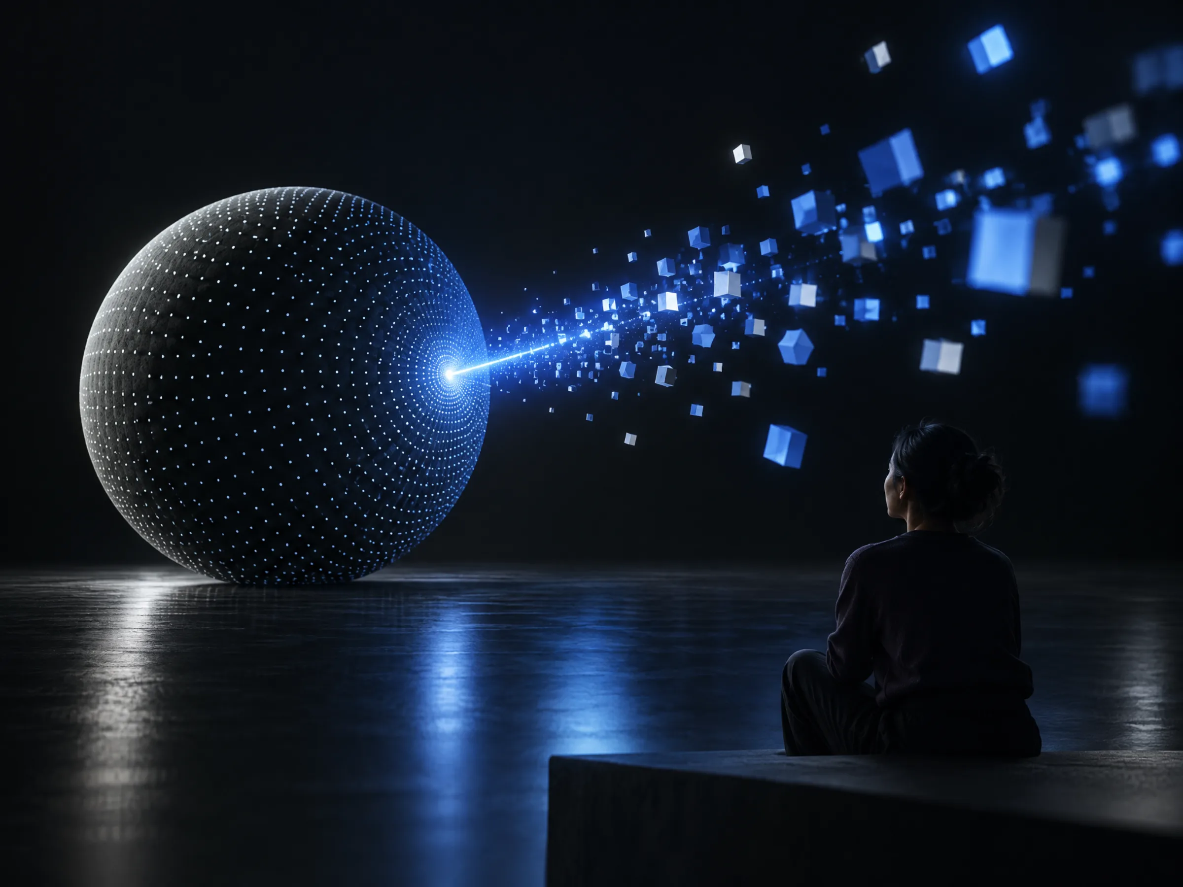 Approved content going live, shown as light leaving a sphere