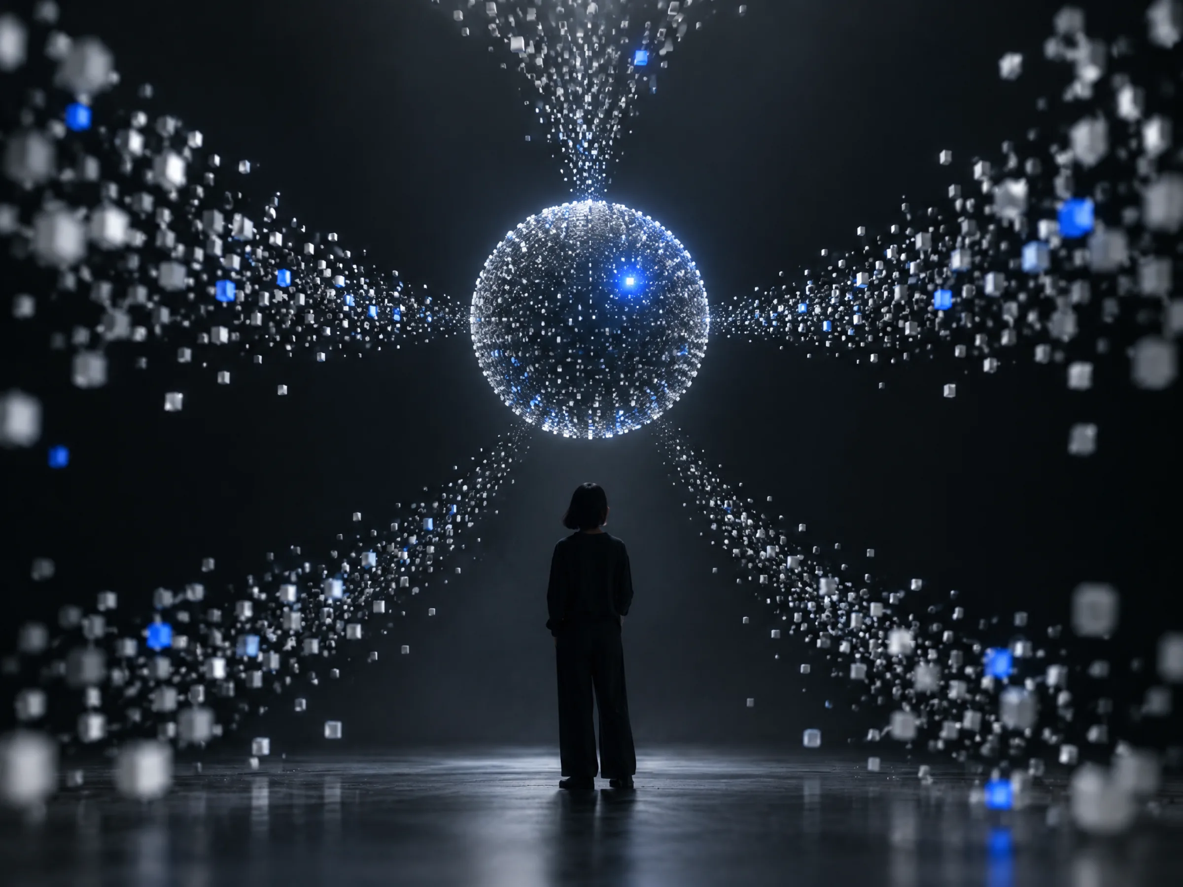 Abstract streams of data flowing toward a glowing sphere