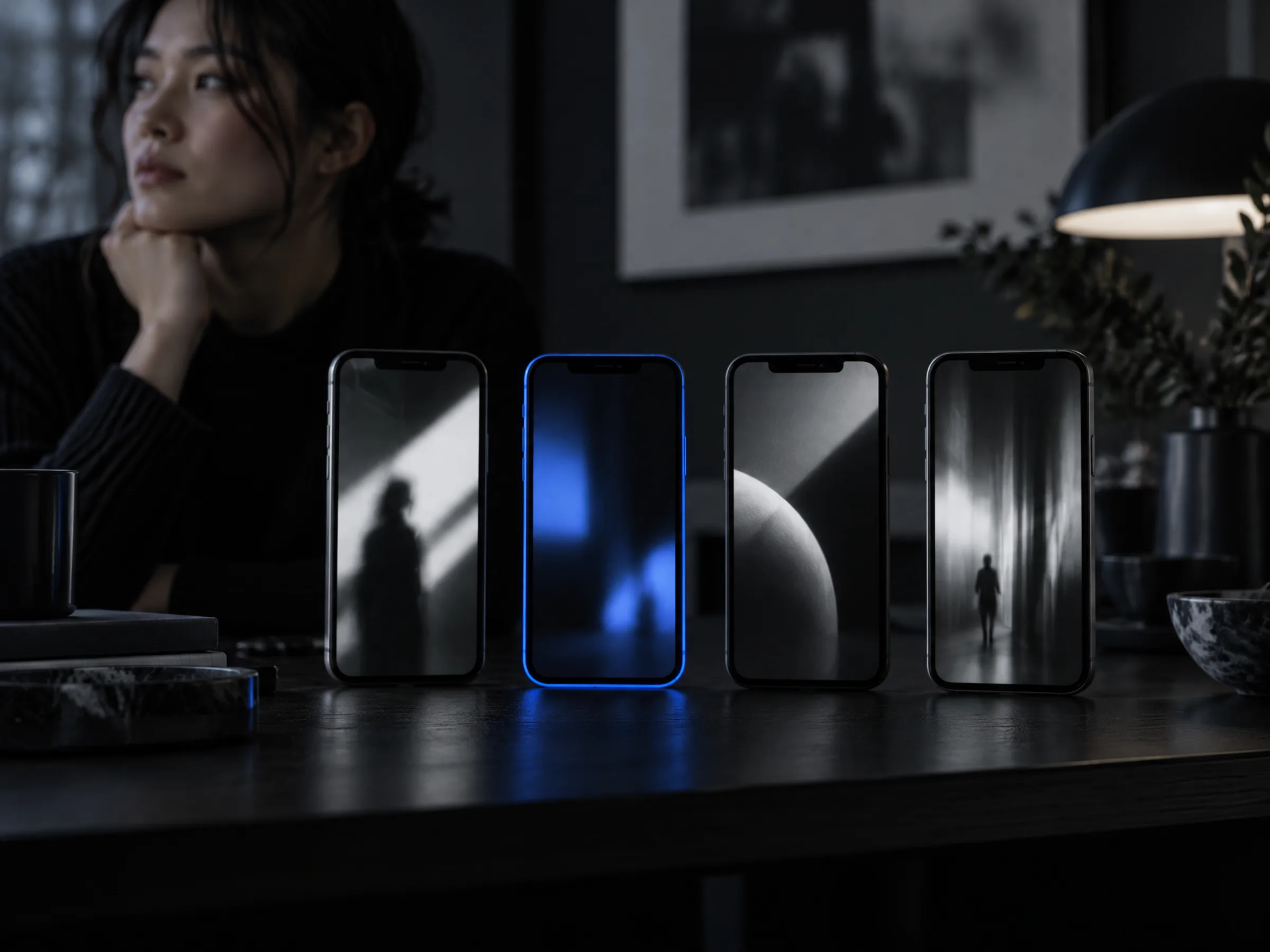 Several phones showing different creators' feeds side by side