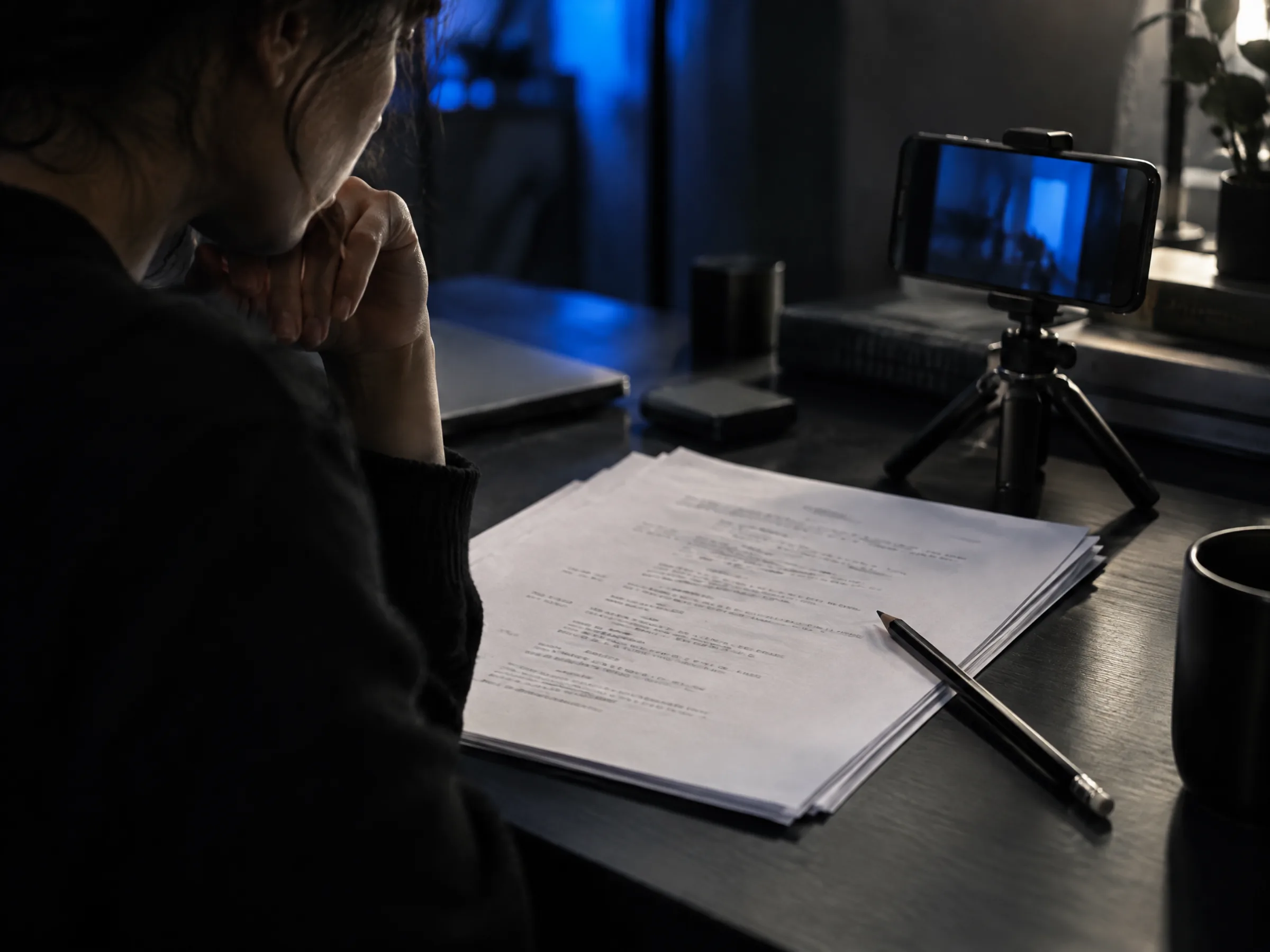 A script page beside a phone on a tripod