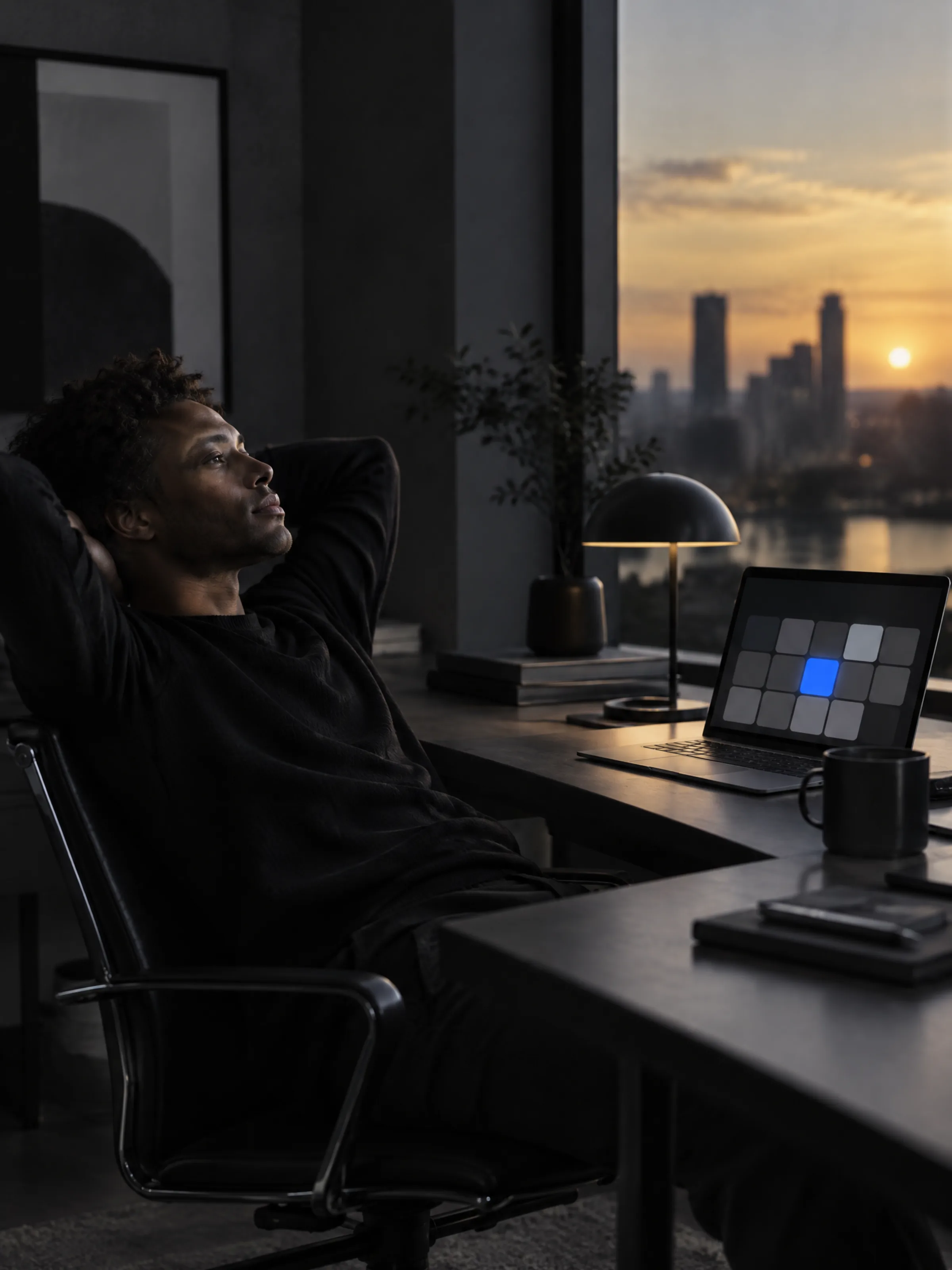 A person relaxed at a desk approving their first week of content