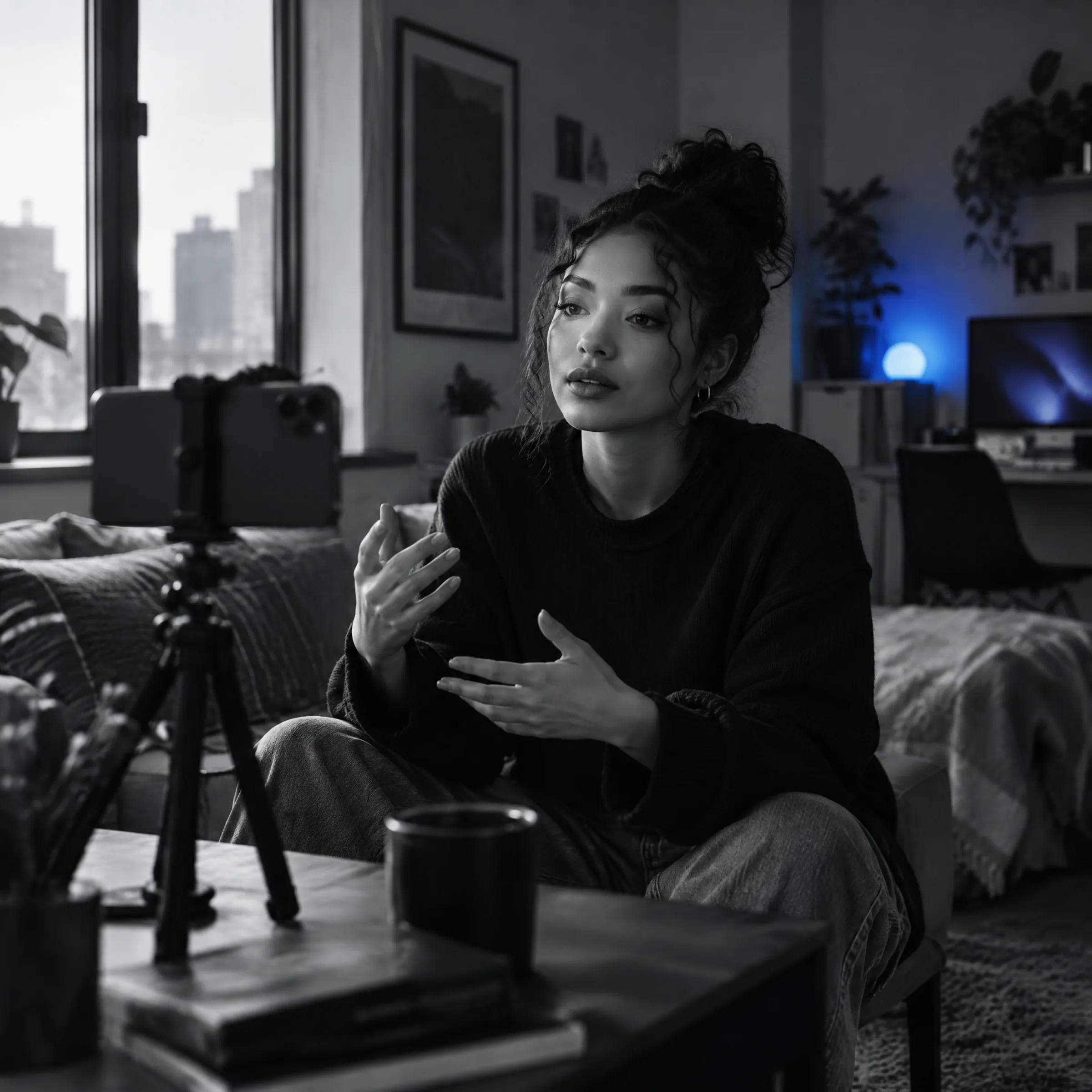 A creator filming a short video at home