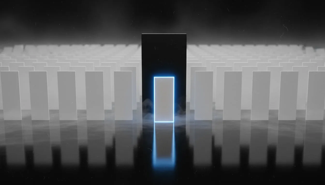 A row of paper-like cards, one lit blue and passing through a narrow gate