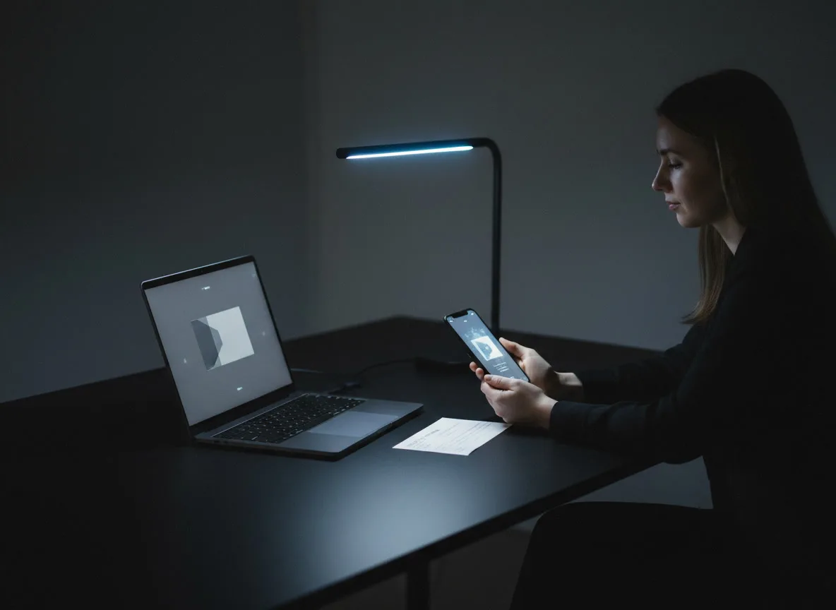 A person at a desk reviewing drafts on a phone beside a laptop, one blue light in the room