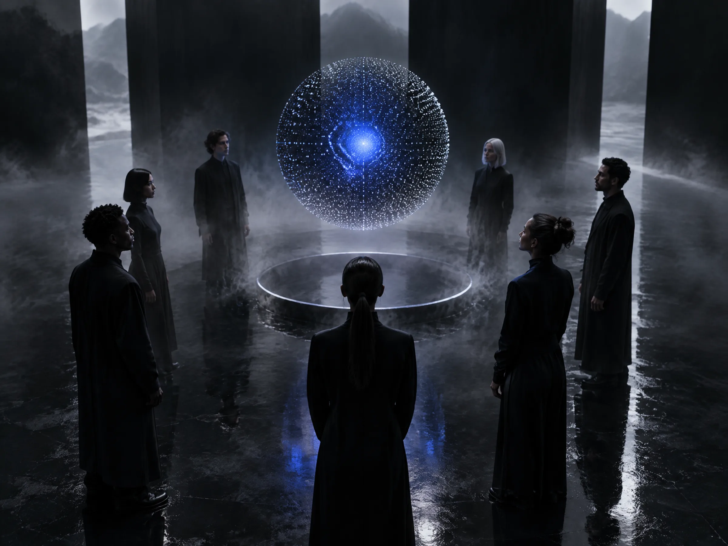 Abstract agents arranged around a central glowing core
