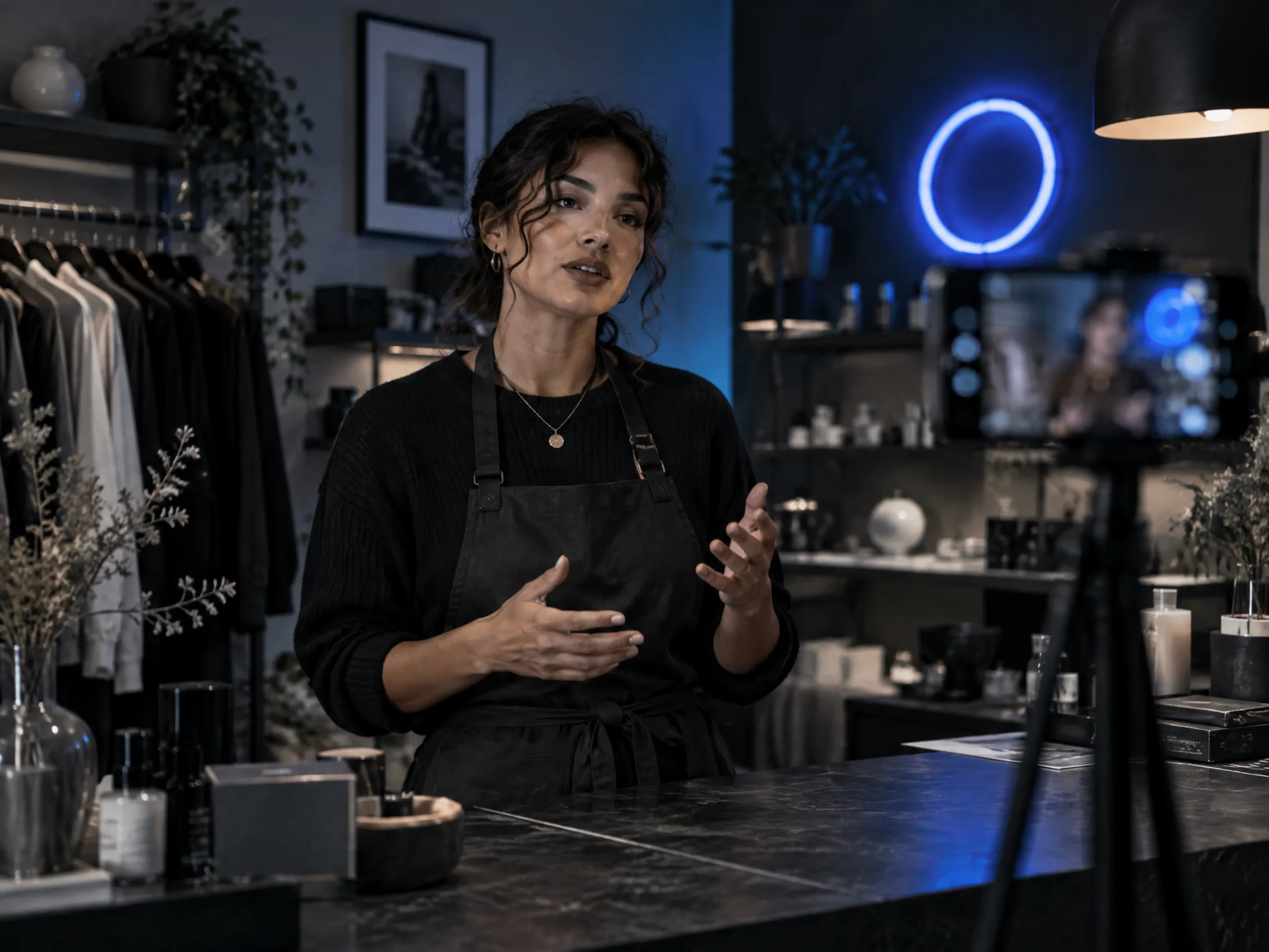 A shop owner filming behind the counter