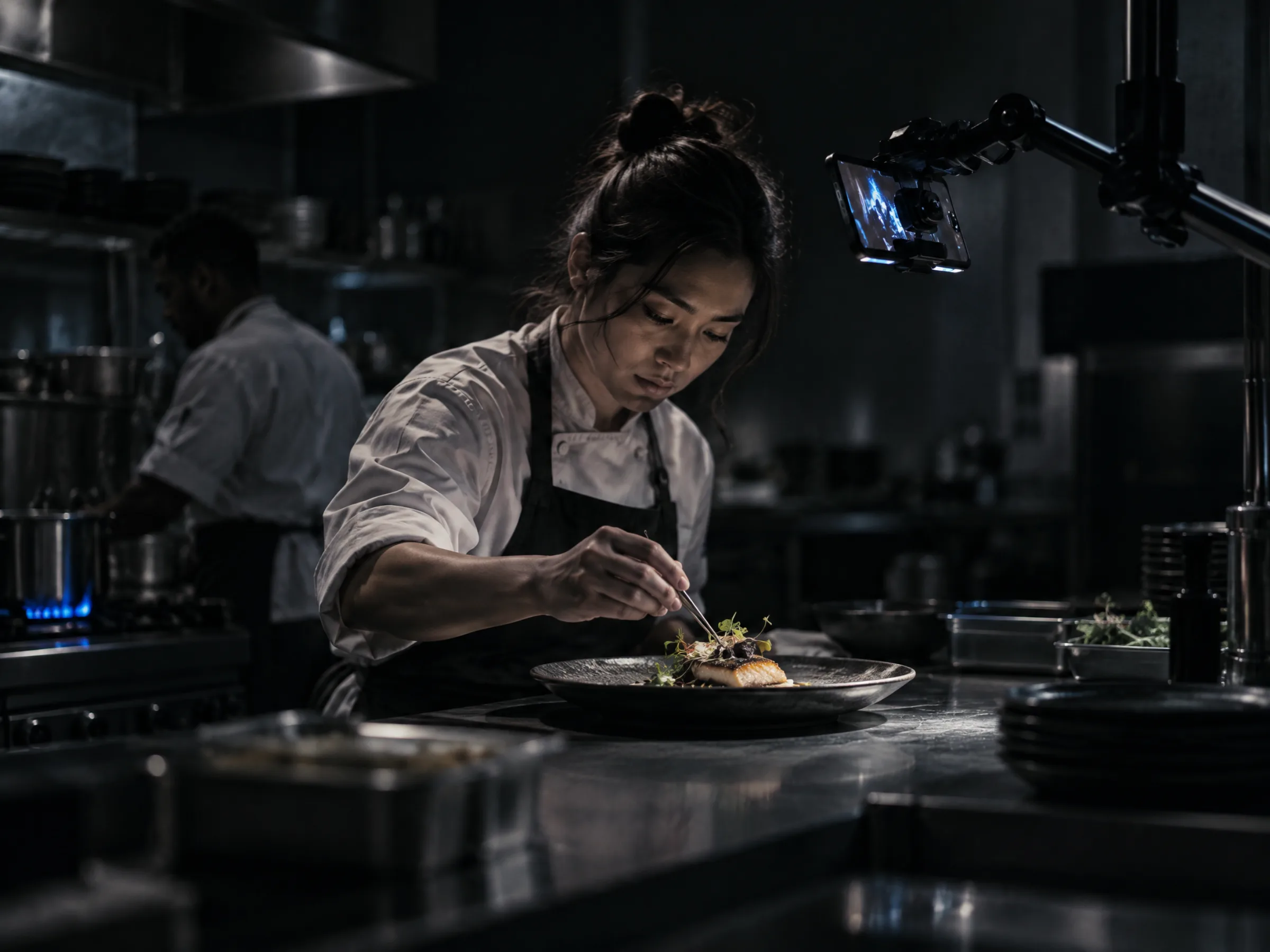A chef plating a dish while a phone films